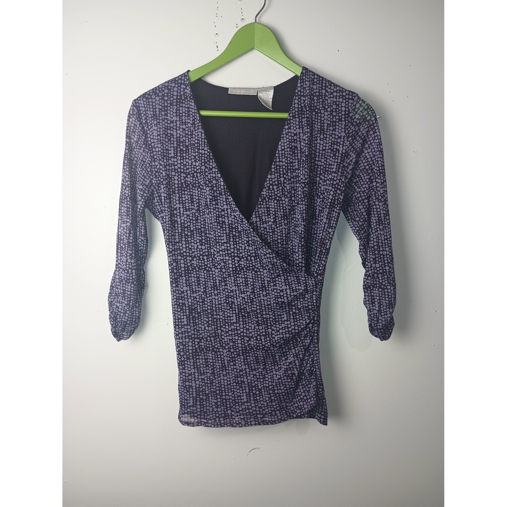 Worthington Vintage Y2K Purple Wrap Top Dotted 3/4 Ruched Sleeve Blouse Small